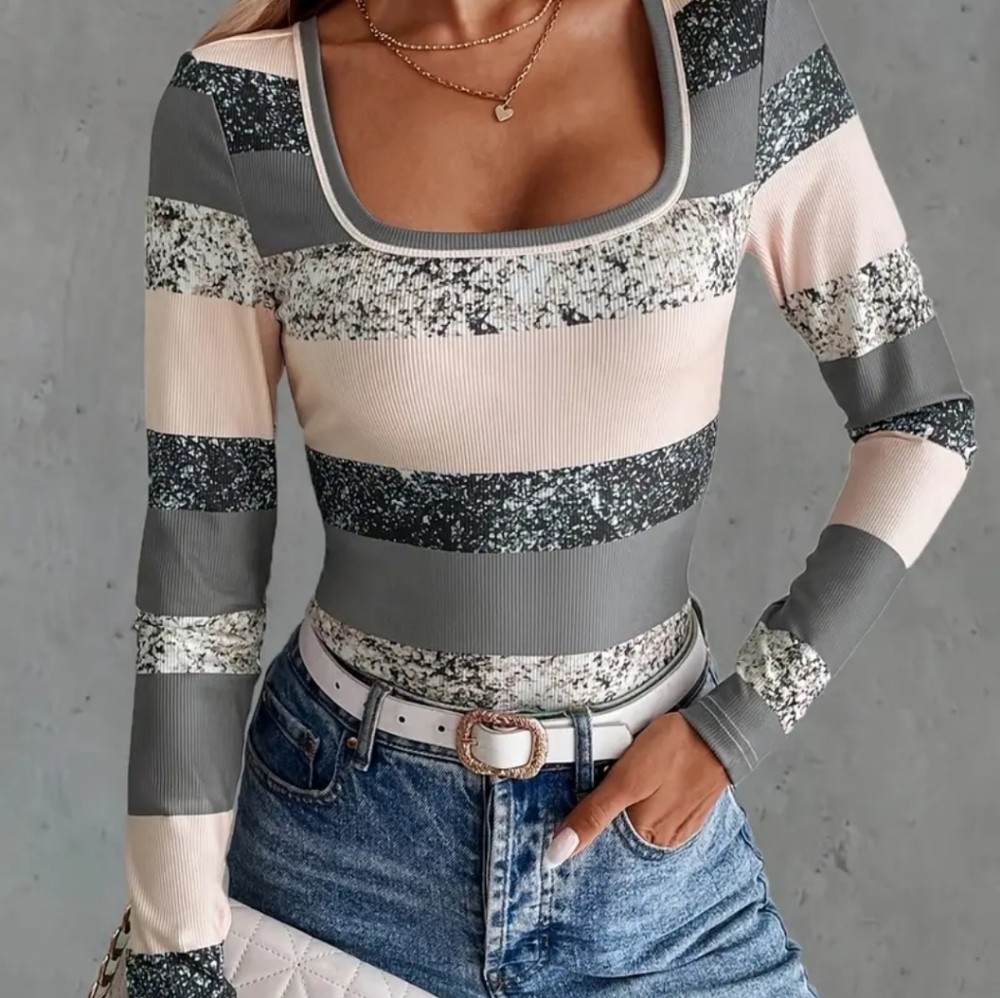 Striped Gray and Cream Women's Top